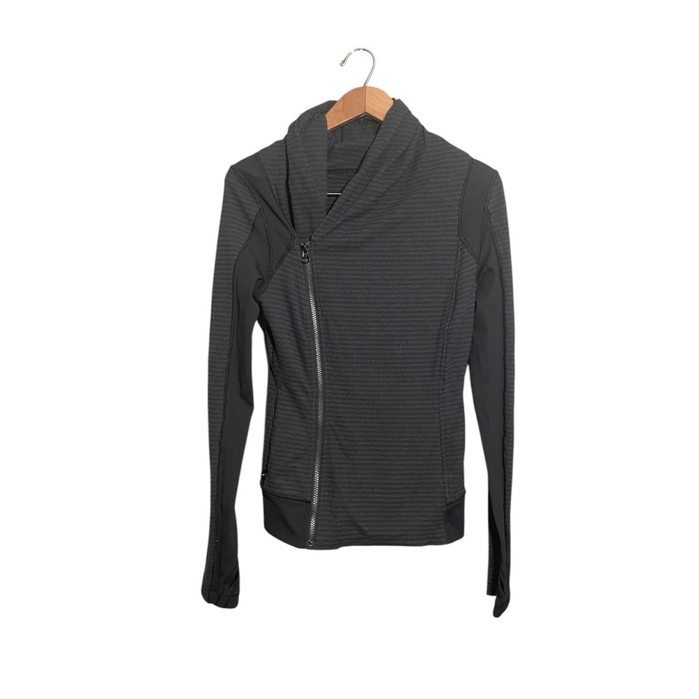Lululemon Bhakti Yoga Wrap Jacket Size 4 Black Grey Stripe Zip Wrap Asymmetrical